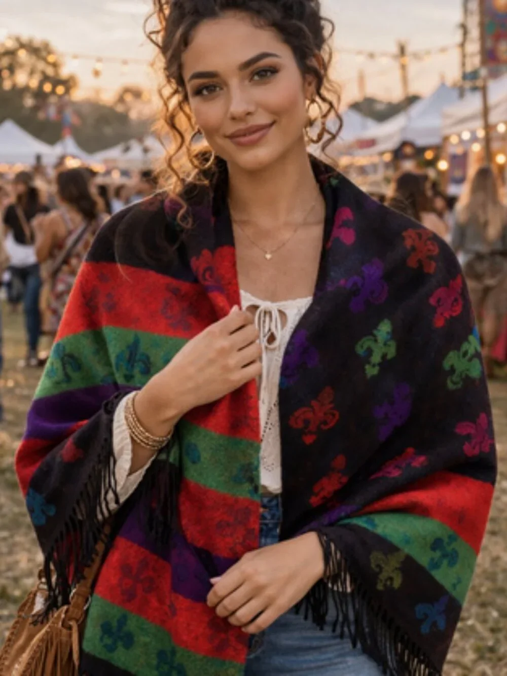 Vintage Fleur-de-Lis Scarf Wrap | Multicolor Stripe | Boho Evening Layer